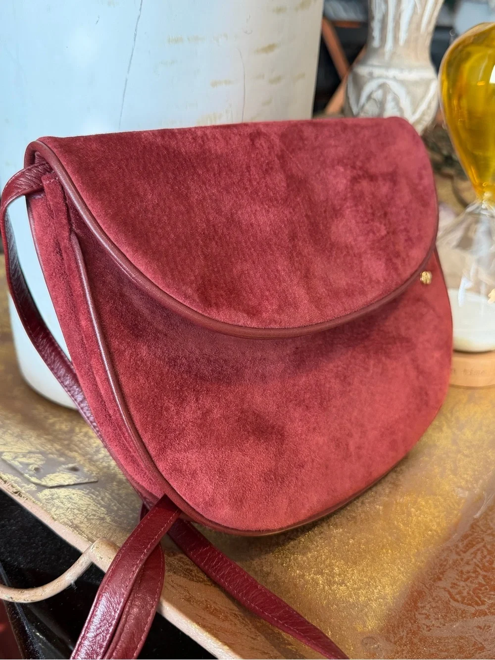 Vintage Halston Burgundy Suede Leather Saddle Crossbody Bag